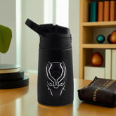 Kuber Industries 350 ml Insulated Water Bottle | Black Panther Kids Water Bottle | Stainless Steel Kids Water Bottle | Water Bottle with Push-Button Flip Lid | Bottle For School | Black | Pack of 2